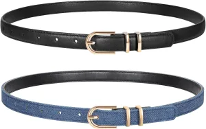 2 Pack Women Skinny Leather Belts for Jeans Pants Thin Faux Leather Belt with Gold Buckle