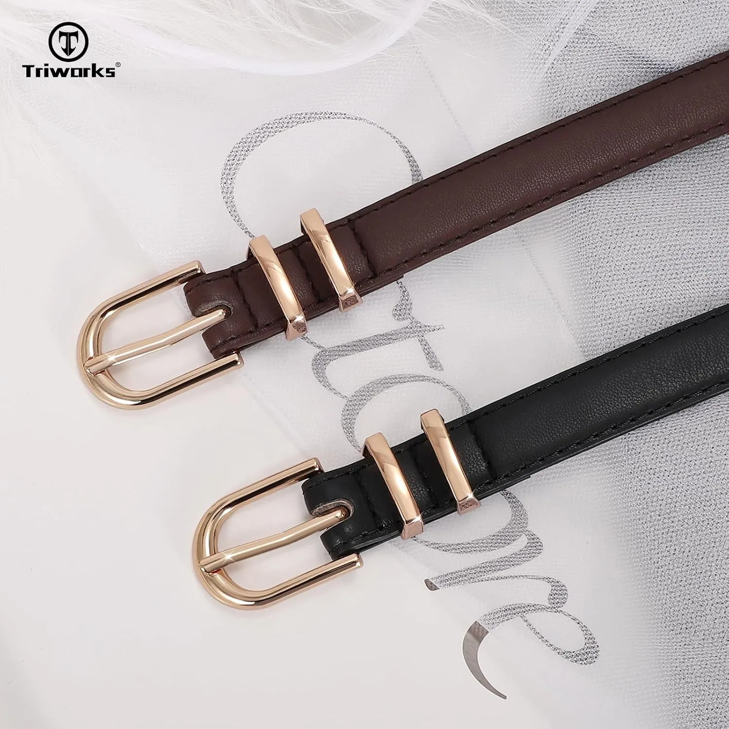 2 Pack Women Skinny Leather Belts for Jeans Pants Thin Faux Leather Belt with Gold Buckle