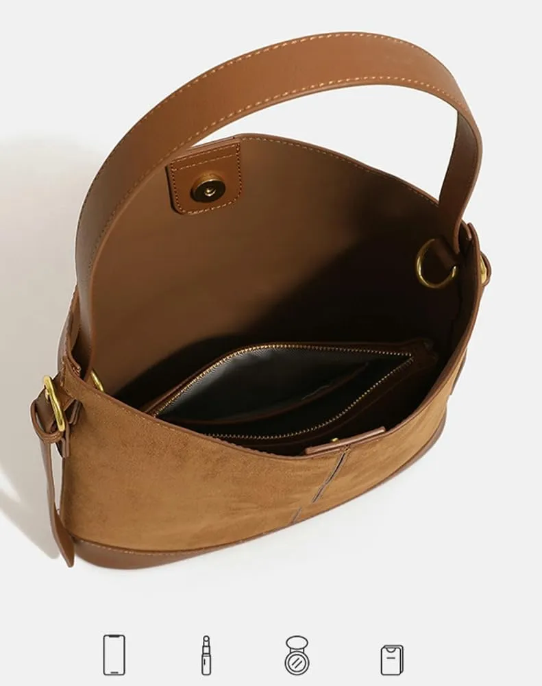 2 Pcs Slouchy Bucket Bag Women Suede Crescent Satchels Shoulder Bag Crossbody Purse Top-handle Travel Work Tote Handbag
