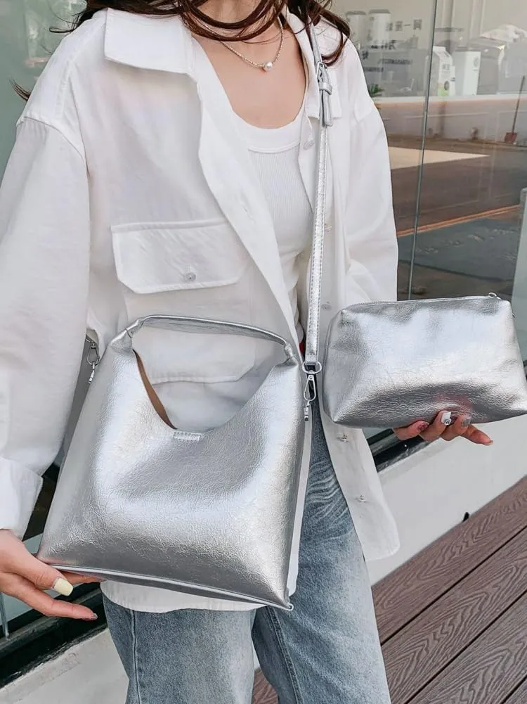 2 Pcs Slouchy PU Leather Crescent Hobo Bags Women Trendy Crossbody Purse Satchels Shoulder Bag Top-handle Mini Tote Handbag