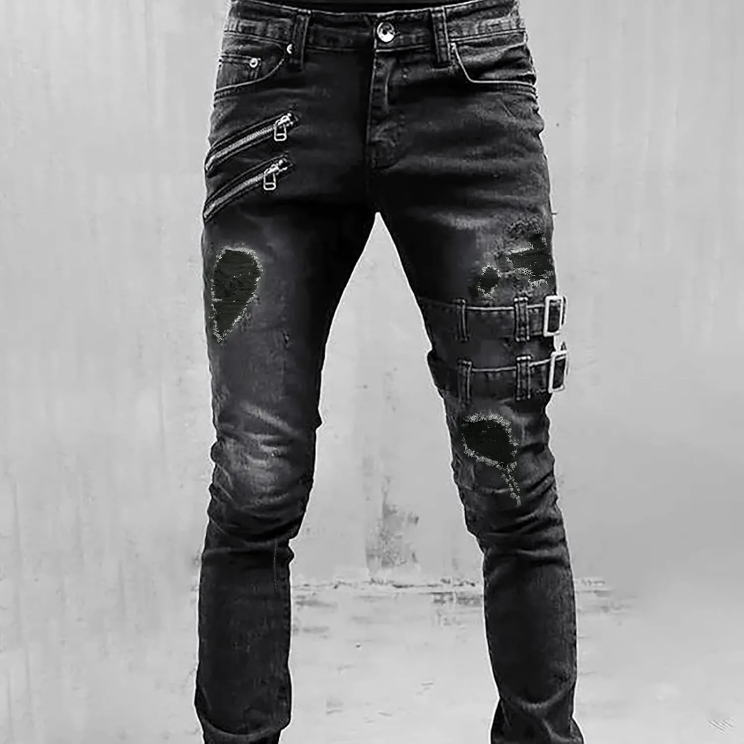 2023 Mens Stacked Jeans Slim Fit Ripped Skinny Stretch Jeans Distressed Straight Fit Denim Pants Hip Hop Trousers Streetwear