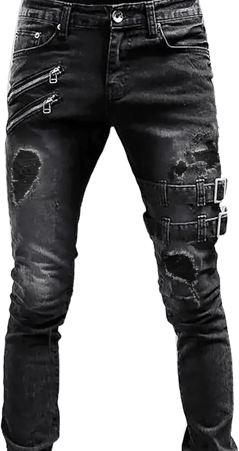 2023 Mens Stacked Jeans Slim Fit Ripped Skinny Stretch Jeans Distressed Straight Fit Denim Pants Hip Hop Trousers Streetwear