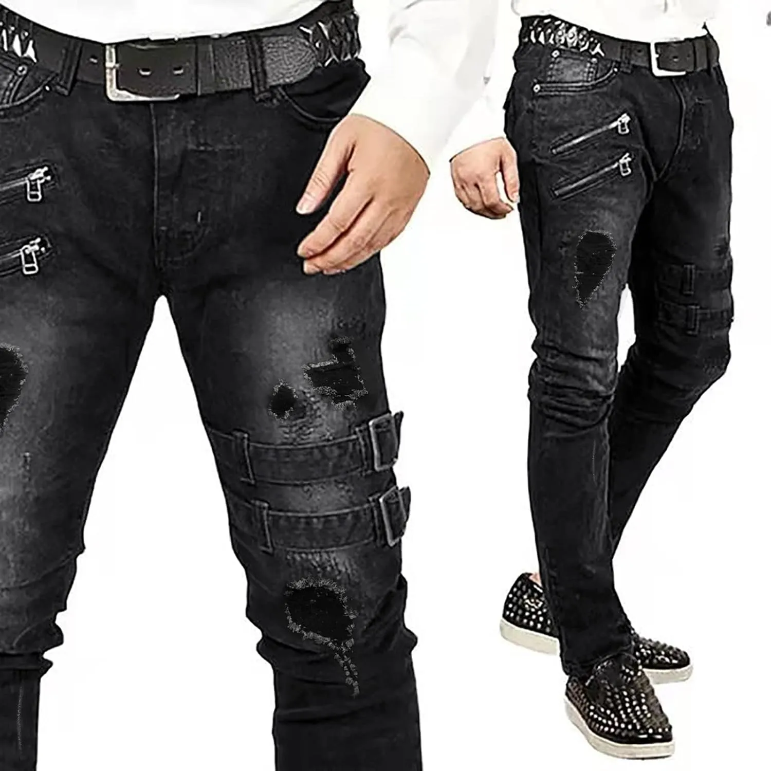 2023 Mens Stacked Jeans Slim Fit Ripped Skinny Stretch Jeans Distressed Straight Fit Denim Pants Hip Hop Trousers Streetwear