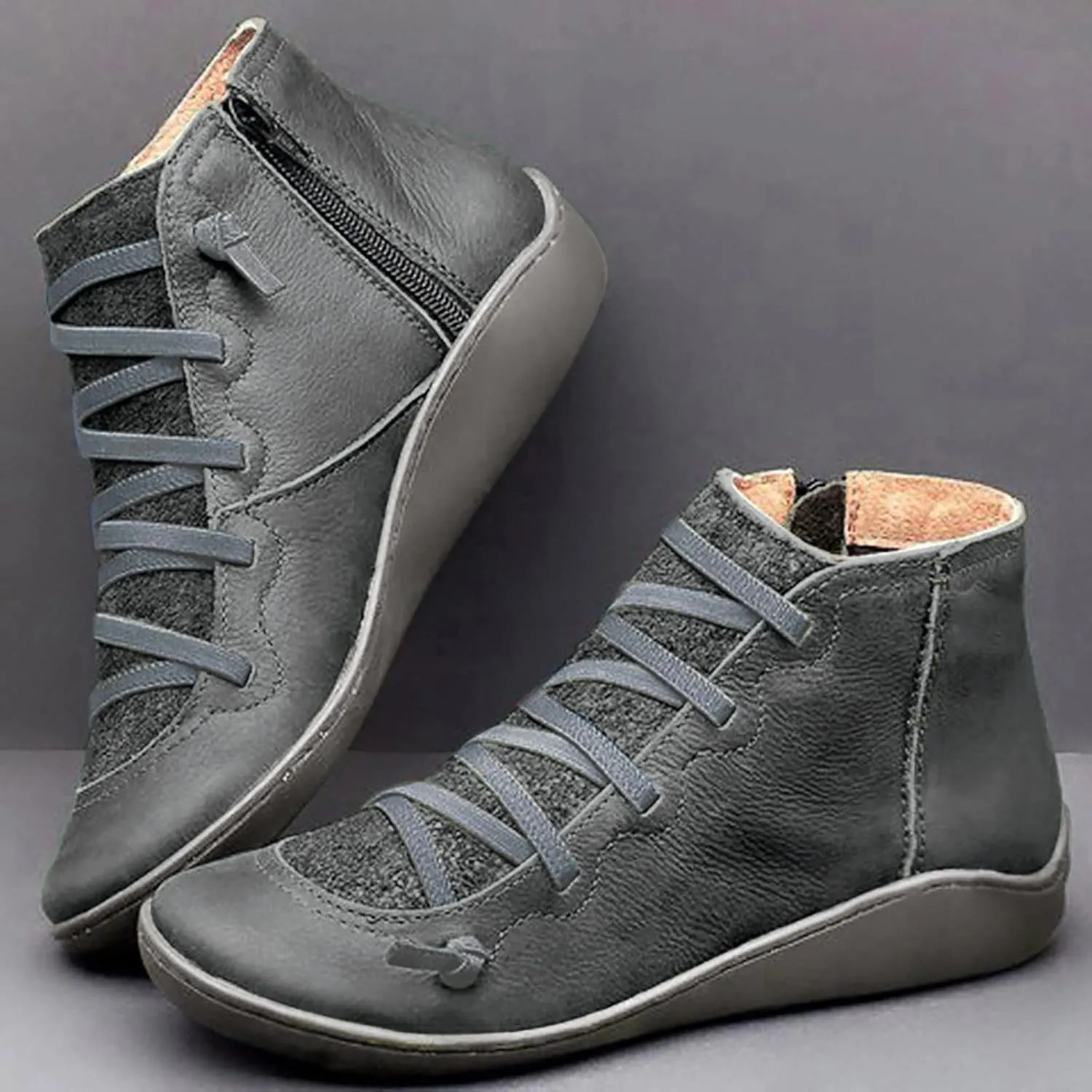 2024 Ankle Boots for Women Side Zip Flat Booties Lace Up Flat Heel Ankle Booties Arch Support Boots for Ladies