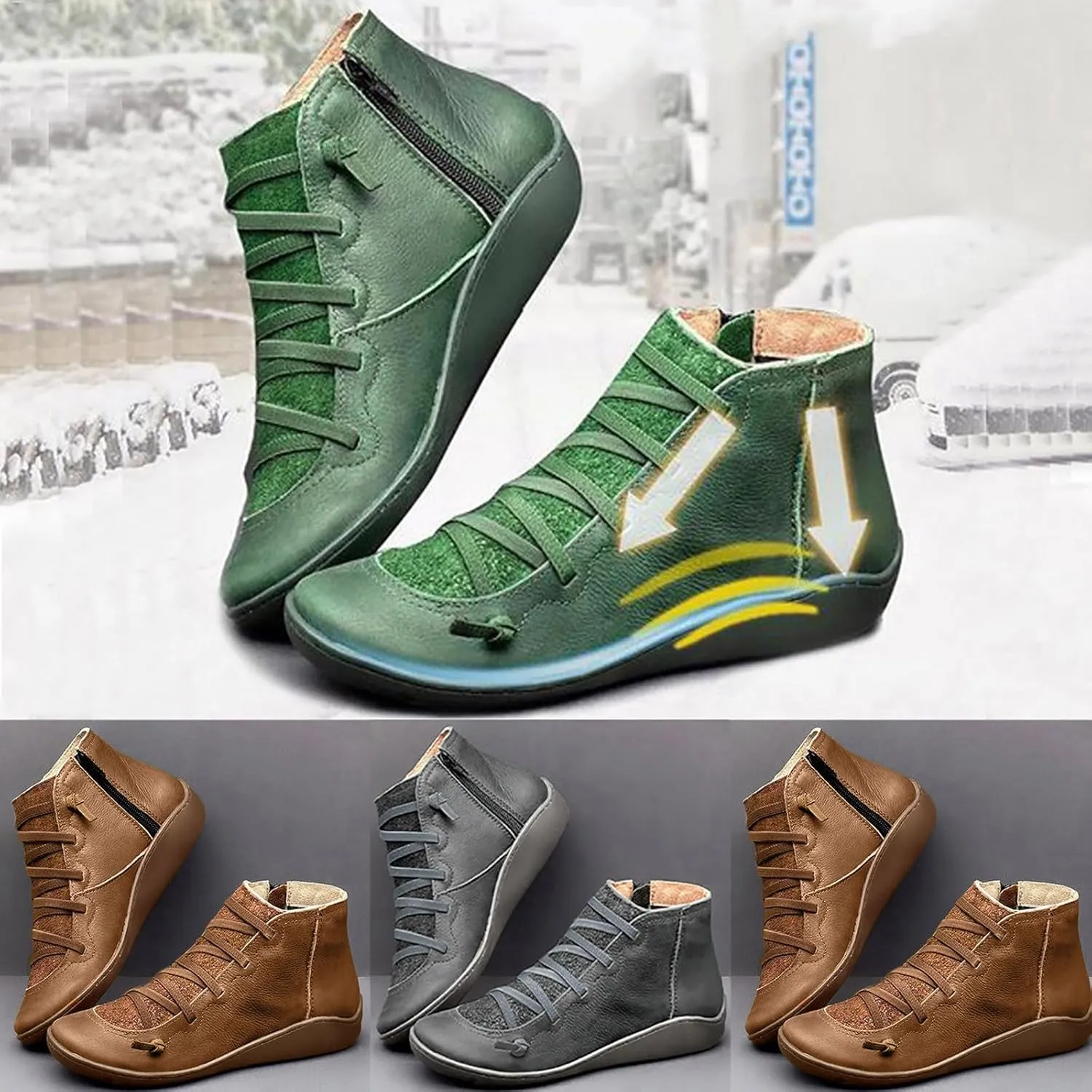 2024 Ankle Boots for Women Side Zip Flat Booties Lace Up Flat Heel Ankle Booties Arch Support Boots for Ladies