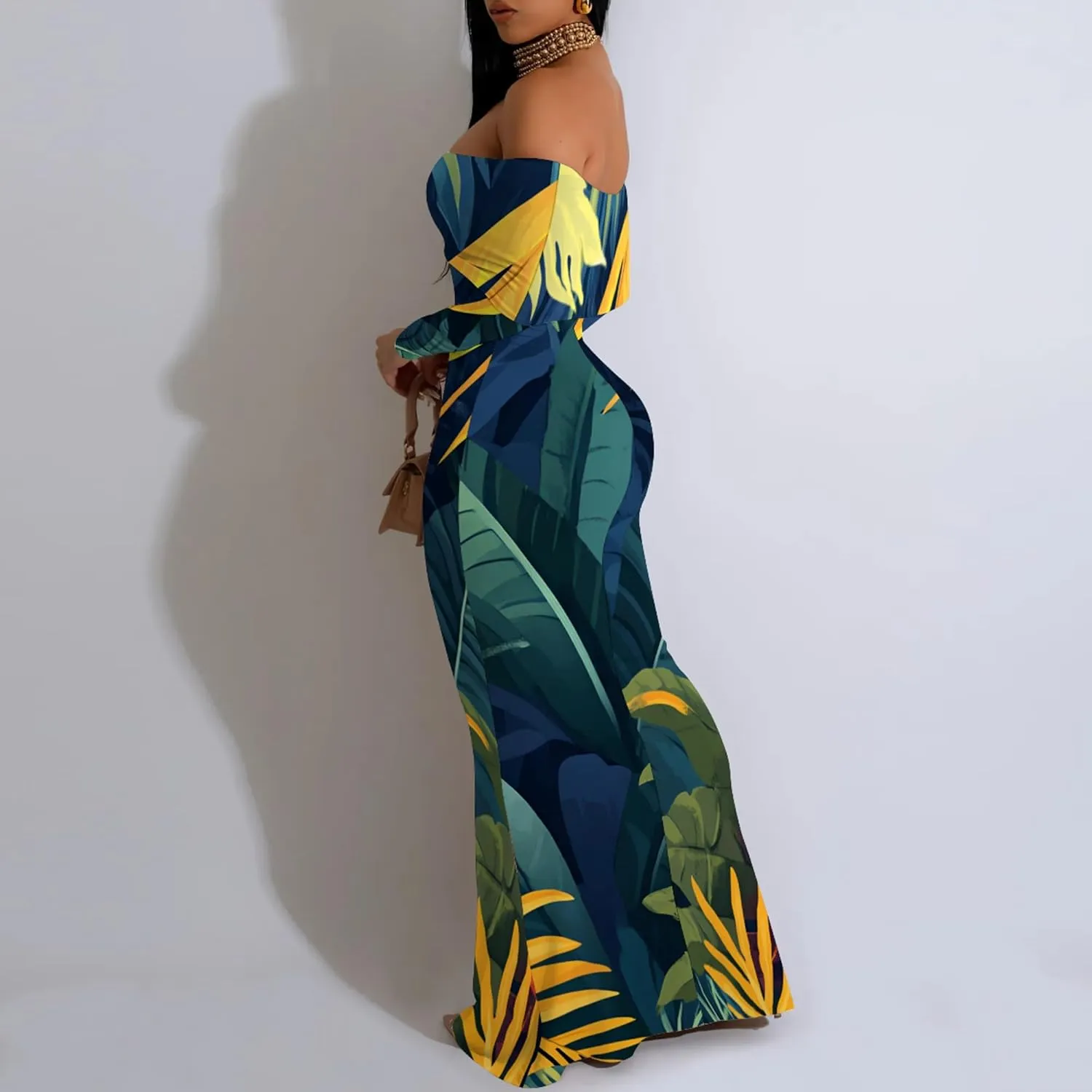 2024 Women's Casual Dress Tie Dye Sexy Maxi Off The Shoulder Long Sleeve Bodycon Backless Wrap Dresses