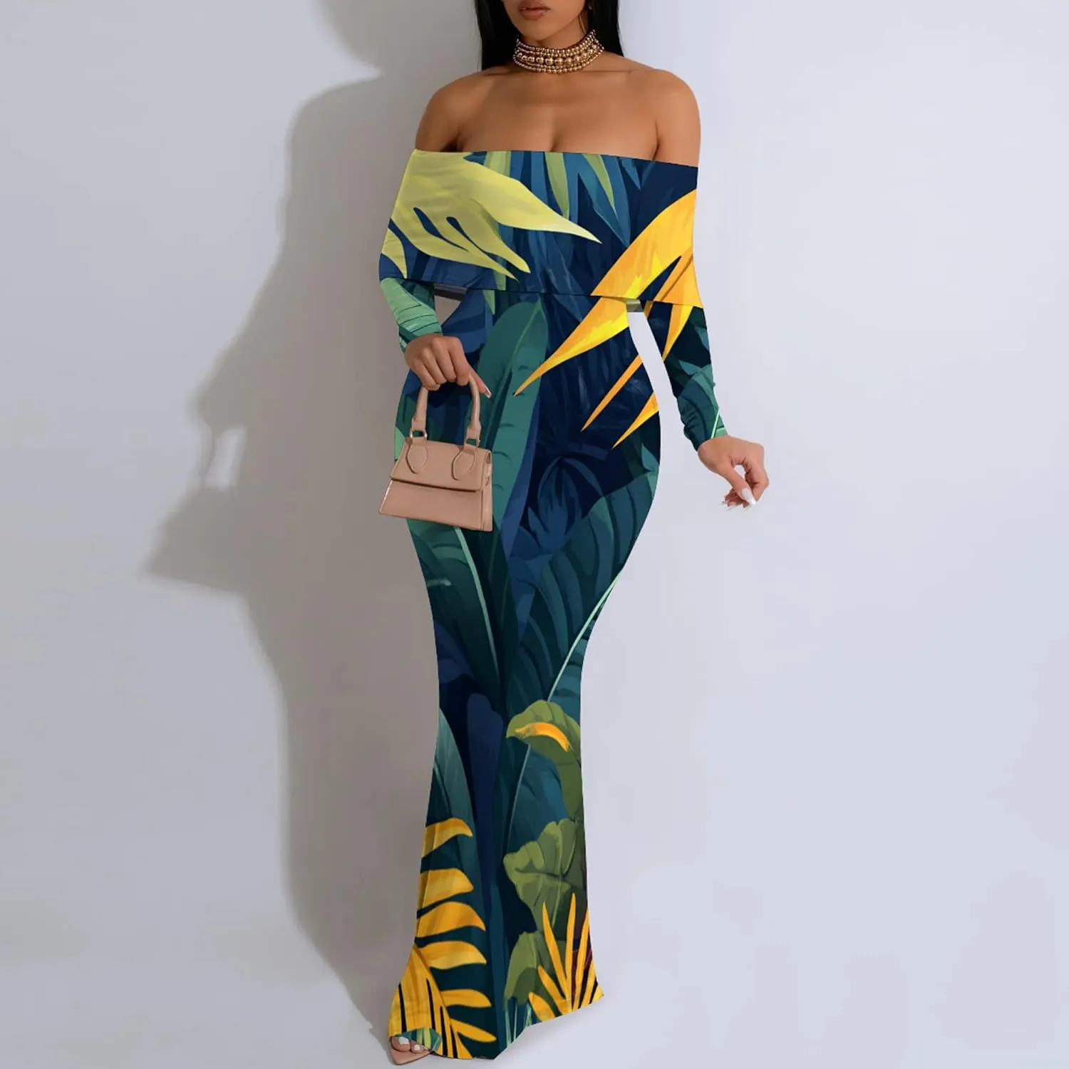 2024 Women's Casual Dress Tie Dye Sexy Maxi Off The Shoulder Long Sleeve Bodycon Backless Wrap Dresses