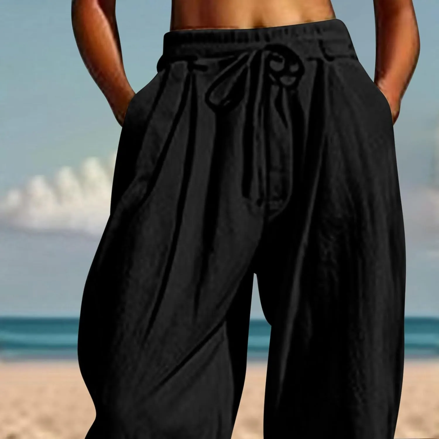 2025 Summer Linen Pants for Womens Baggy Cropped Trousers Drawstring High Waist Lounge Pants Beach Slacks with Pockets