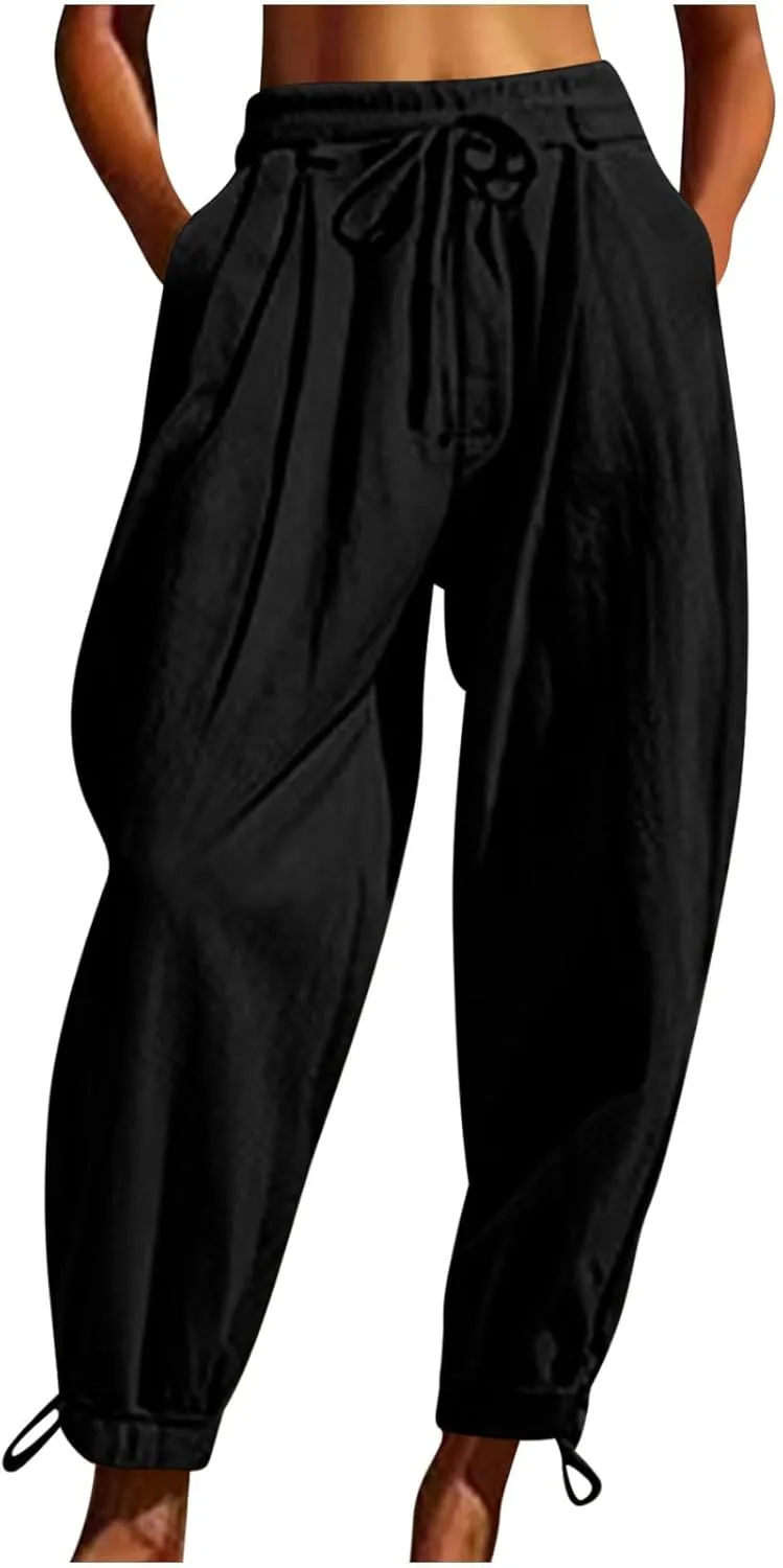 2025 Summer Linen Pants for Womens Baggy Cropped Trousers Drawstring High Waist Lounge Pants Beach Slacks with Pockets