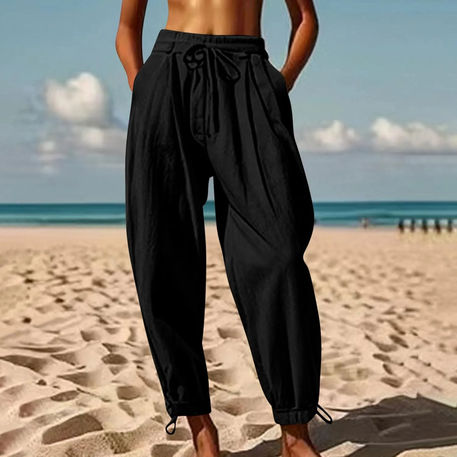 2025 Summer Linen Pants for Womens Baggy Cropped Trousers Drawstring High Waist Lounge Pants Beach Slacks with Pockets