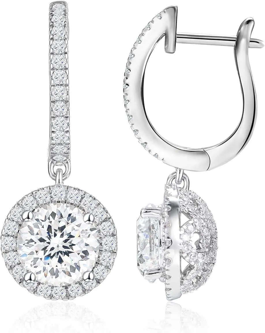 2CT Round Cubic Zirconia Dangle Earrings for Women White Gold Plated, Half Ball Earrings Drops with Iced Flower, Cz Halo Earrings for Wedding Bridesmaid Bride