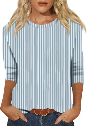 3/4 Length Sleeve Womens Tops Crewneck Shirts Business Dressy Casual Tunic Blouses Summer Basic Tees