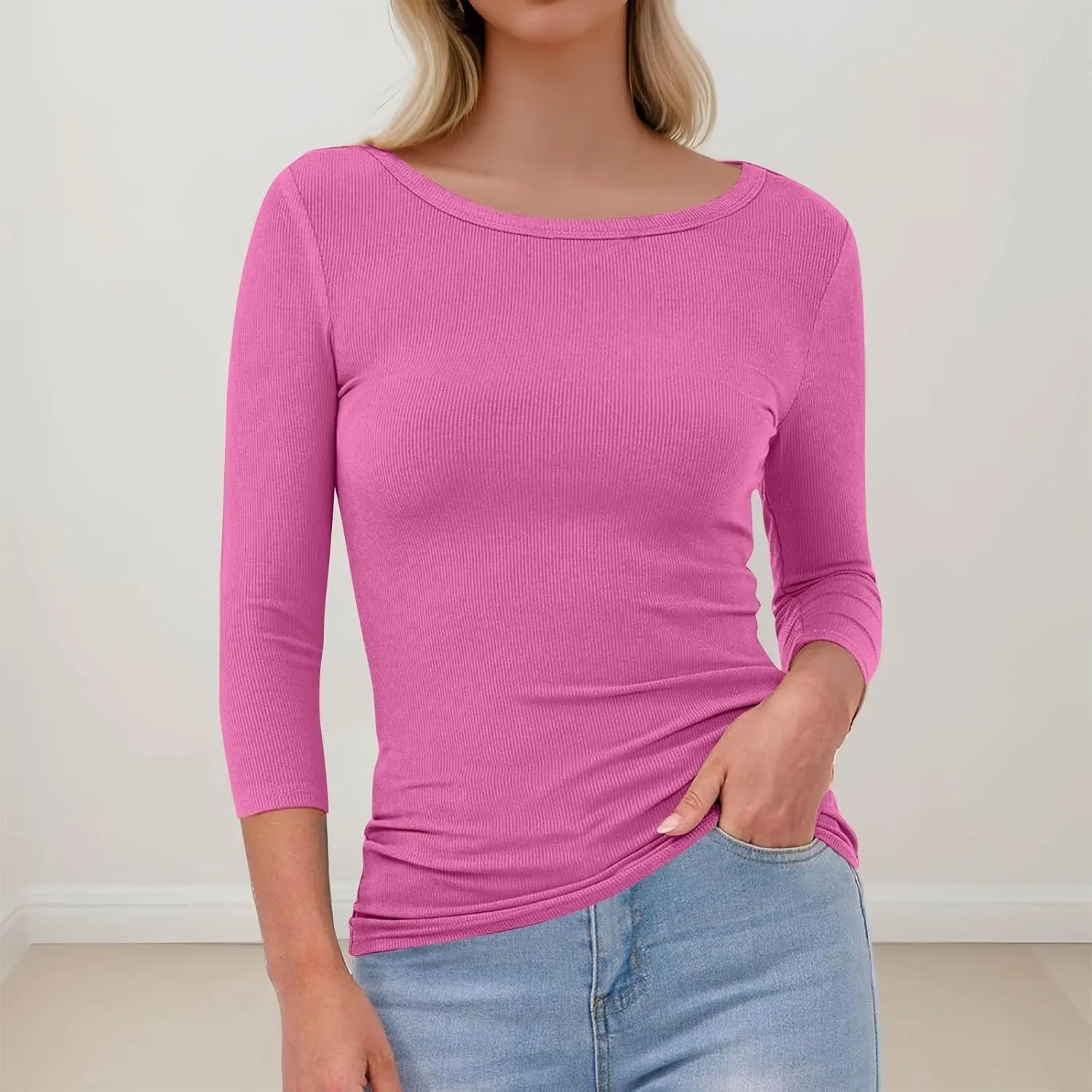3/4 Length Sleeve Womens Tops Fitted Knit Casual Crew Neck T Shirts Dressy Stretchy Ribbed Comfy Work Blouse