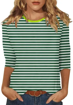 3/4 Length Sleeve Womens Tops Summer Three Quarter Striped Shirts Dressy Casual Printed Tunic Tops Women Blouses