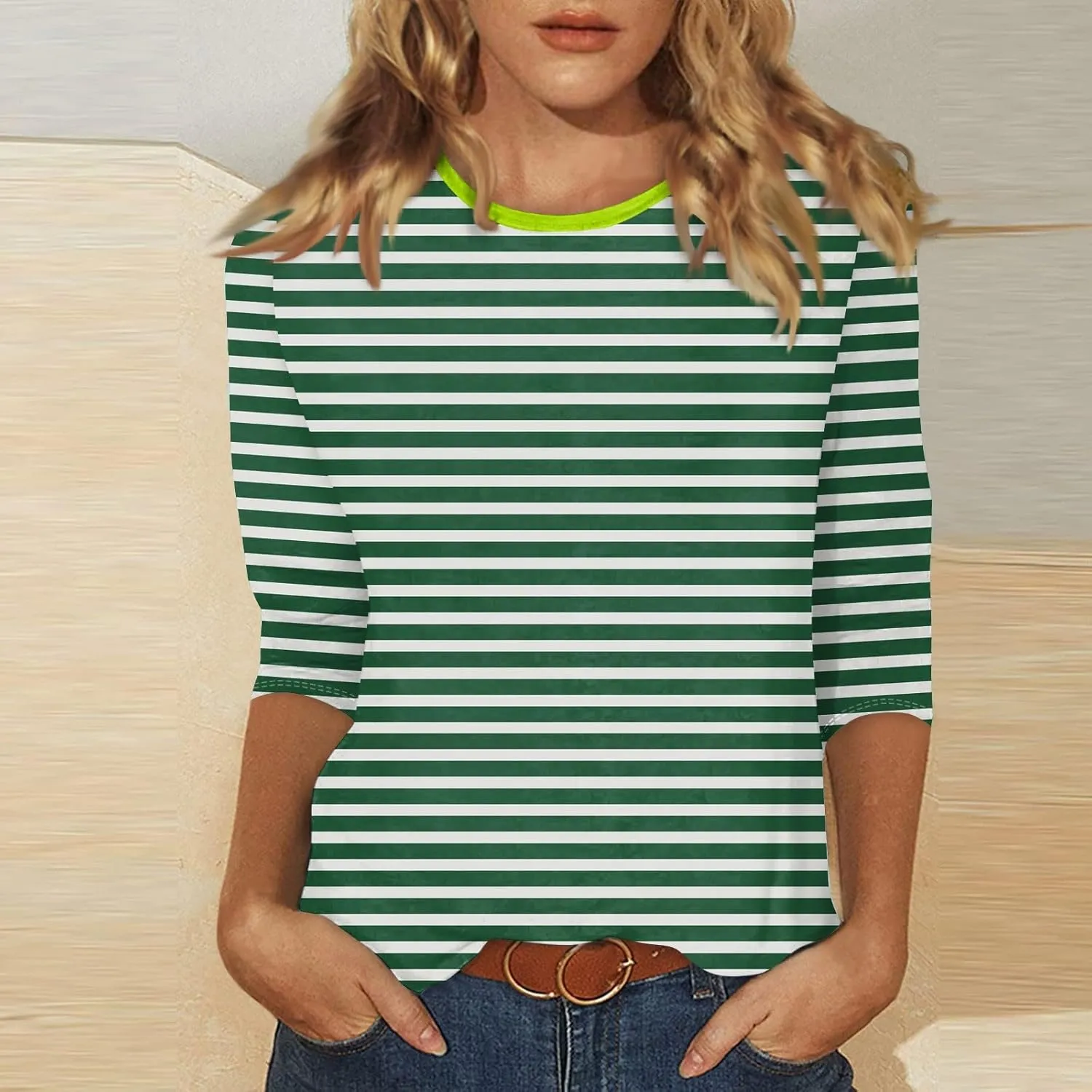 3/4 Length Sleeve Womens Tops Summer Three Quarter Striped Shirts Dressy Casual Printed Tunic Tops Women Blouses