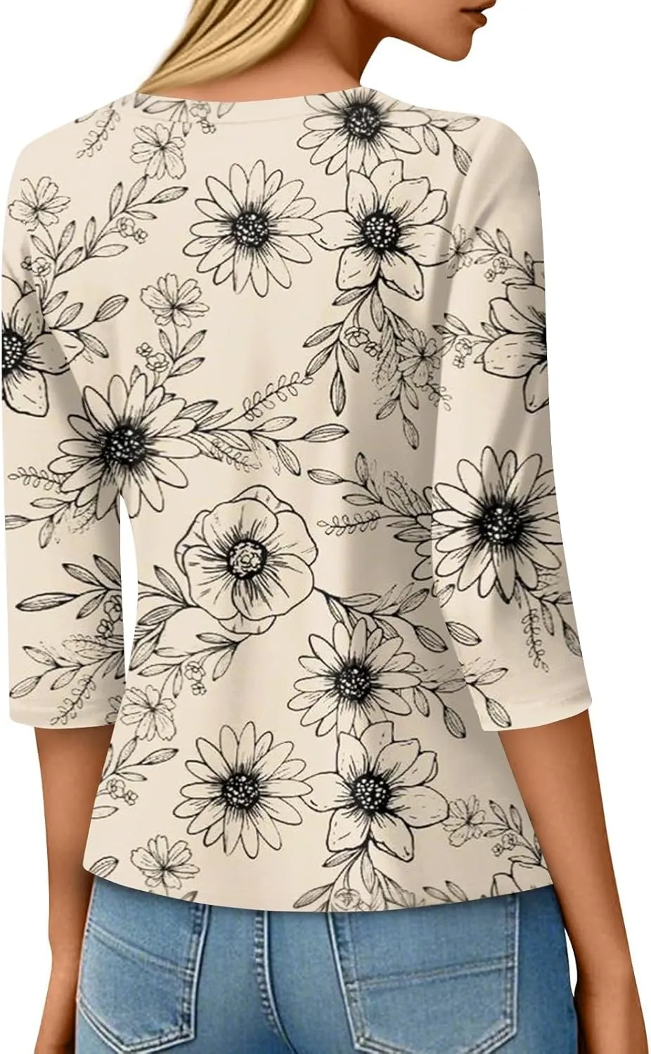 3/4 Length Sleeve Womes Tops Dressy Floral Crew Neck T Shirts Loose Fit Graphic Tees Lightweight Tops Blouses