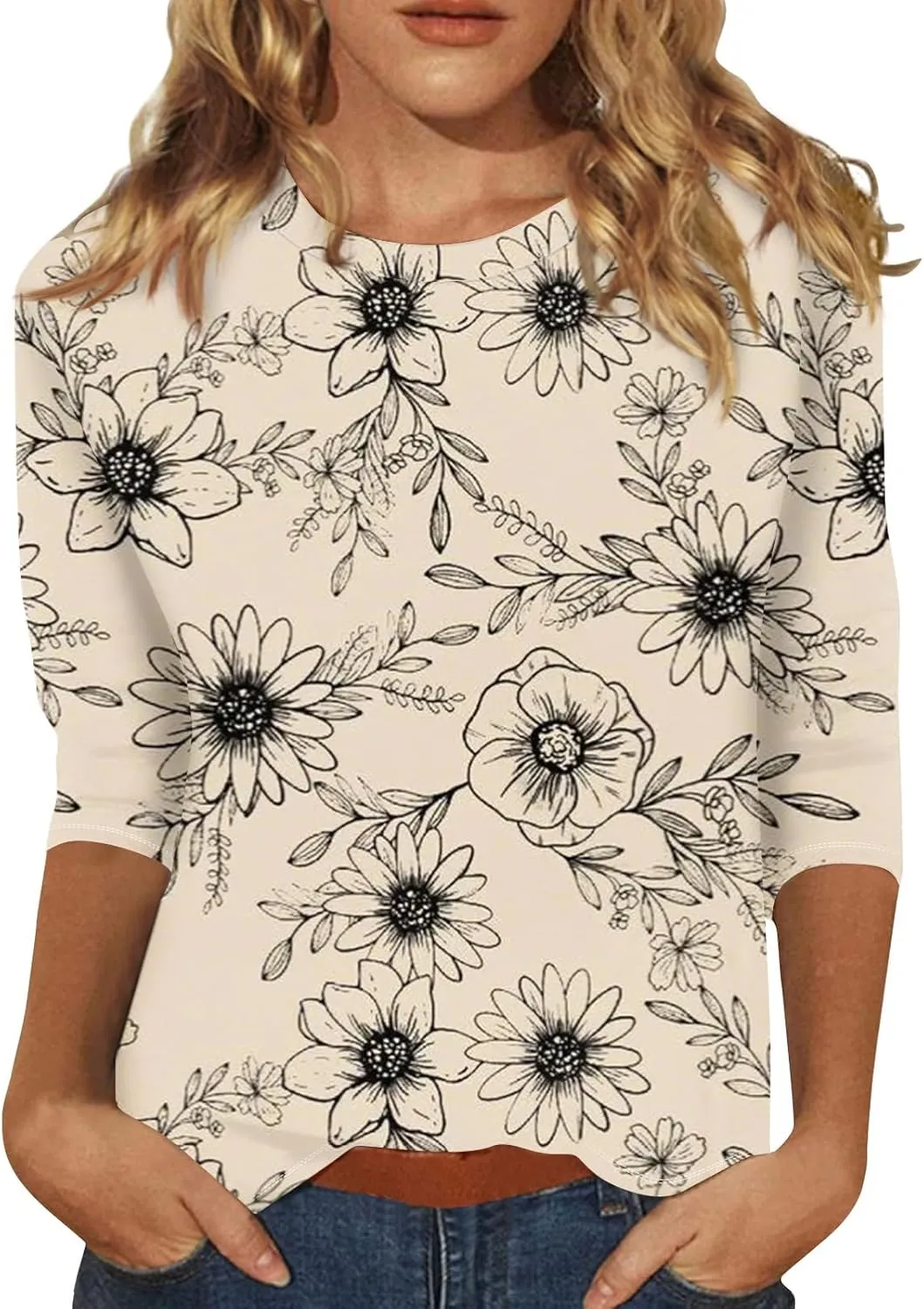 3/4 Length Sleeve Womes Tops Dressy Floral Crew Neck T Shirts Loose Fit Graphic Tees Lightweight Tops Blouses