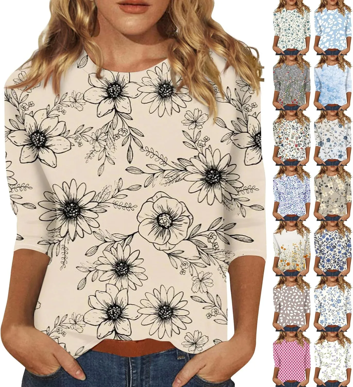 3/4 Length Sleeve Womes Tops Dressy Floral Crew Neck T Shirts Loose Fit Graphic Tees Lightweight Tops Blouses
