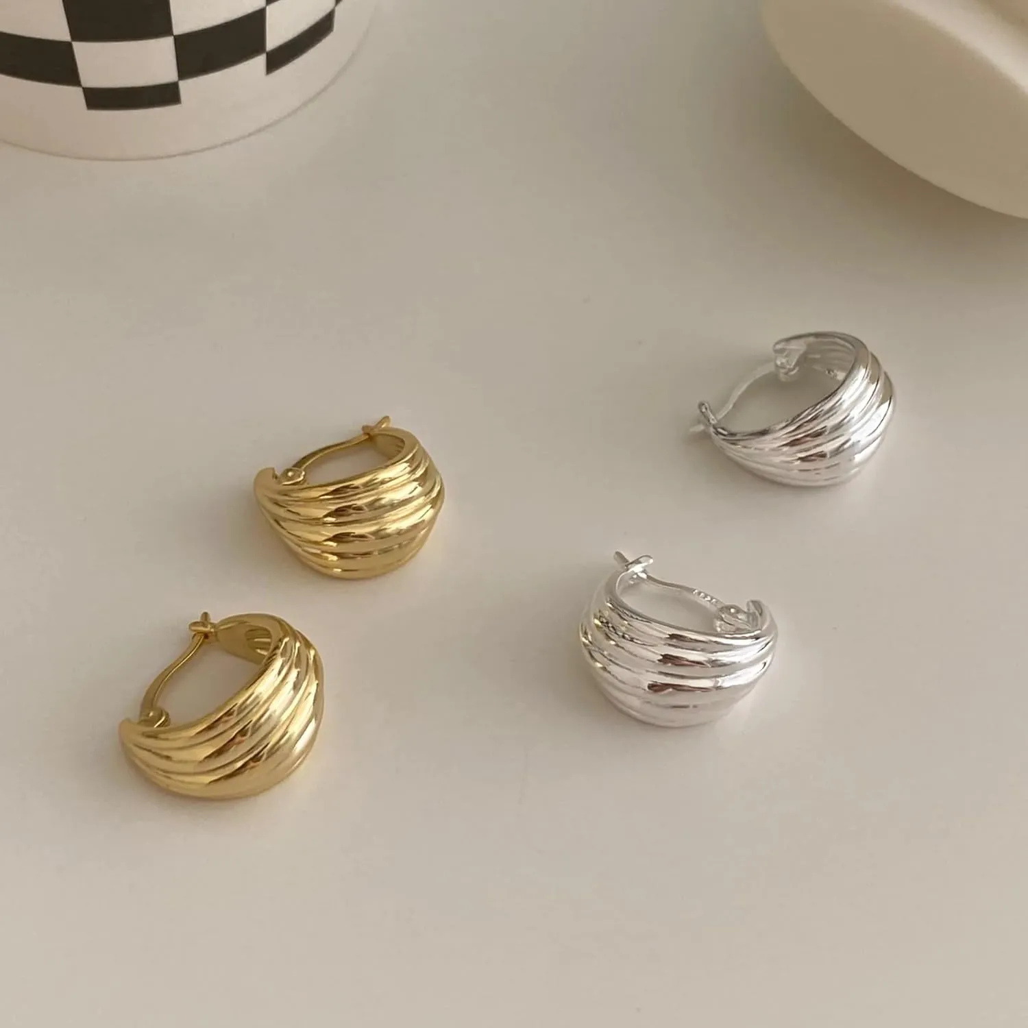 925 Sterling Silver Shell Wide Hoop Huggie Earrings - 18K Gold Plated (silver)