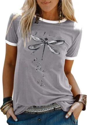 Abstract Dragonfly Shirt Cute Let It Be Letter Print T-Shirt Funny Colorful Dragonfly Graphic Summer Casual Tee Tops