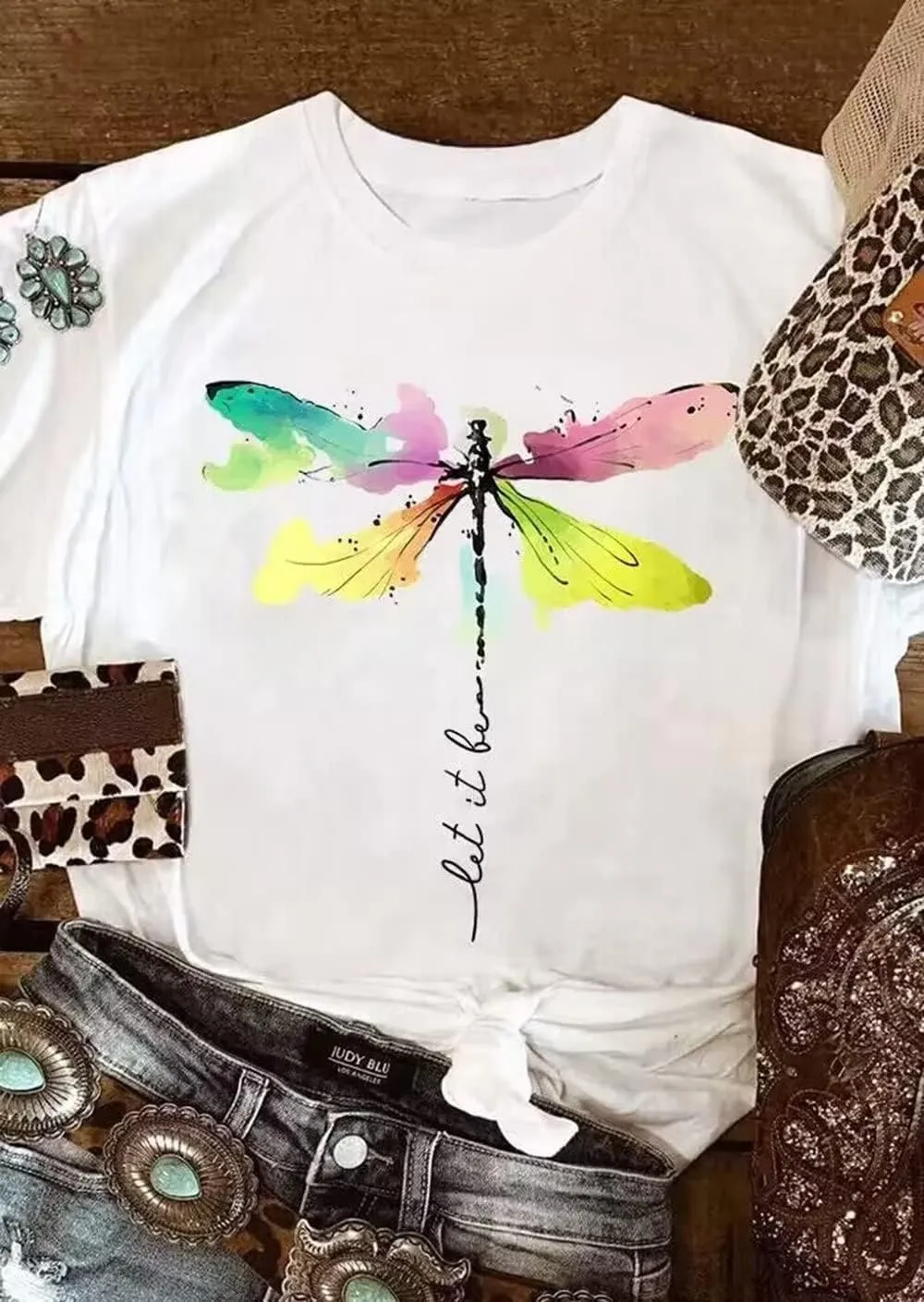 Abstract Dragonfly Shirt Cute Let It Be Letter Print T-Shirt Funny Colorful Dragonfly Graphic Summer Casual Tee Tops