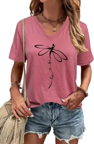 Abstract Dragonfly Shirt Cute Let It Be Letter Print T-Shirt Funny Colorful Dragonfly Graphic Summer Casual Tee Tops