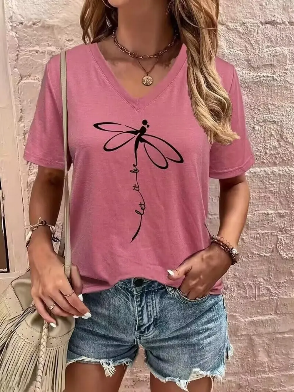 Abstract Dragonfly Shirt Cute Let It Be Letter Print T-Shirt Funny Colorful Dragonfly Graphic Summer Casual Tee Tops