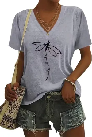 Abstract Dragonfly Shirt Cute Let It Be Letter Print T-Shirt Funny Colorful Dragonfly Graphic Summer Casual Tee Tops