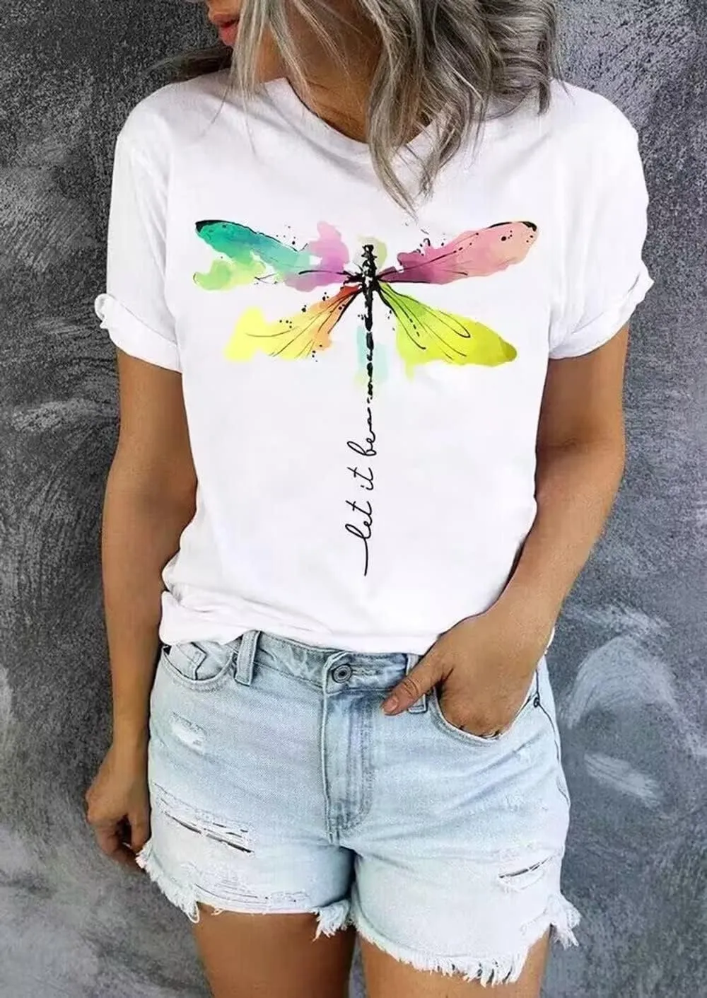 Abstract Dragonfly Shirt Cute Let It Be Letter Print T-Shirt Funny Colorful Dragonfly Graphic Summer Casual Tee Tops