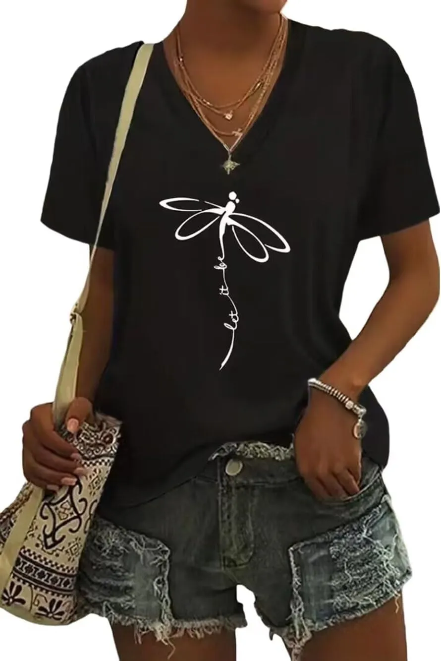 Abstract Dragonfly Shirt Cute Let It Be Letter Print T-Shirt Funny Colorful Dragonfly Graphic Summer Casual Tee Tops