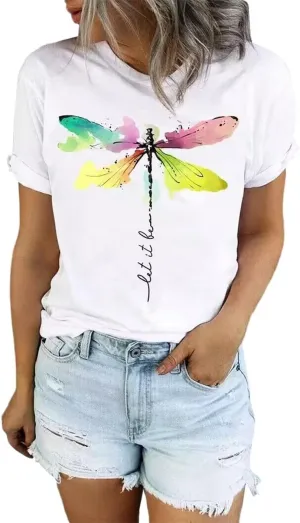 Abstract Dragonfly Shirt Cute Let It Be Letter Print T-Shirt Funny Colorful Dragonfly Graphic Summer Casual Tee Tops