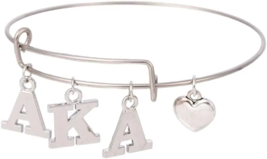 AKA Sorority Alpha Kappa Alpha Letter Charms Love Stainless Steel Bangle Jewelry Wire Bracelet Silver Tone