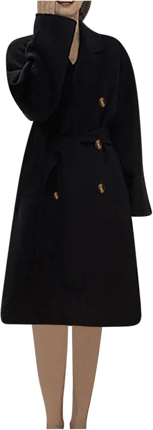 Akklian Women's Wool & Pea Coats Winter Thick Overcoat Knee-Length Waisted Wrap Coat Trendy Outwear Trench Coat with Pockets
