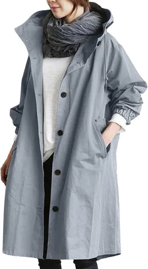 AMDBEL Rain Jacket Women with Hood, Women's Trench Jackets Plus Size Casual Long Rain Jacket Fashion Winter Hooded Oversized Windbreaker Coats Outerwear, Trench Coat for Women 2024 with Hood