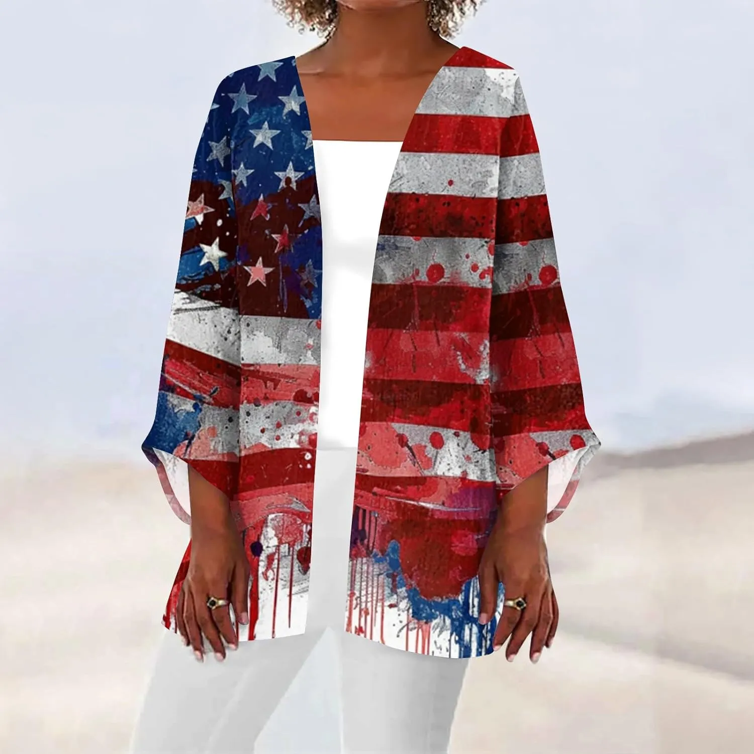 American Flag Cardigan 4Th of July Kimono Cover Up 3/4 Length Puff Sleeve Open Front Cover Up Summer 2025 Tops Clothes