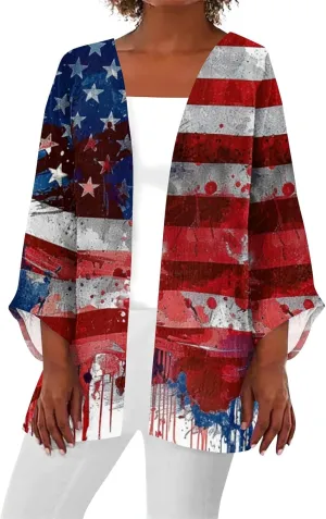 American Flag Cardigan 4Th of July Kimono Cover Up 3/4 Length Puff Sleeve Open Front Cover Up Summer 2025 Tops Clothes