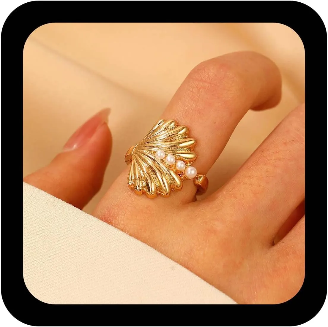 Andelaisi Boho Sea Shell Ring Shell Open Ring Adjustable Scallop Finger Rings Ocean Beach Statement Rings for Women