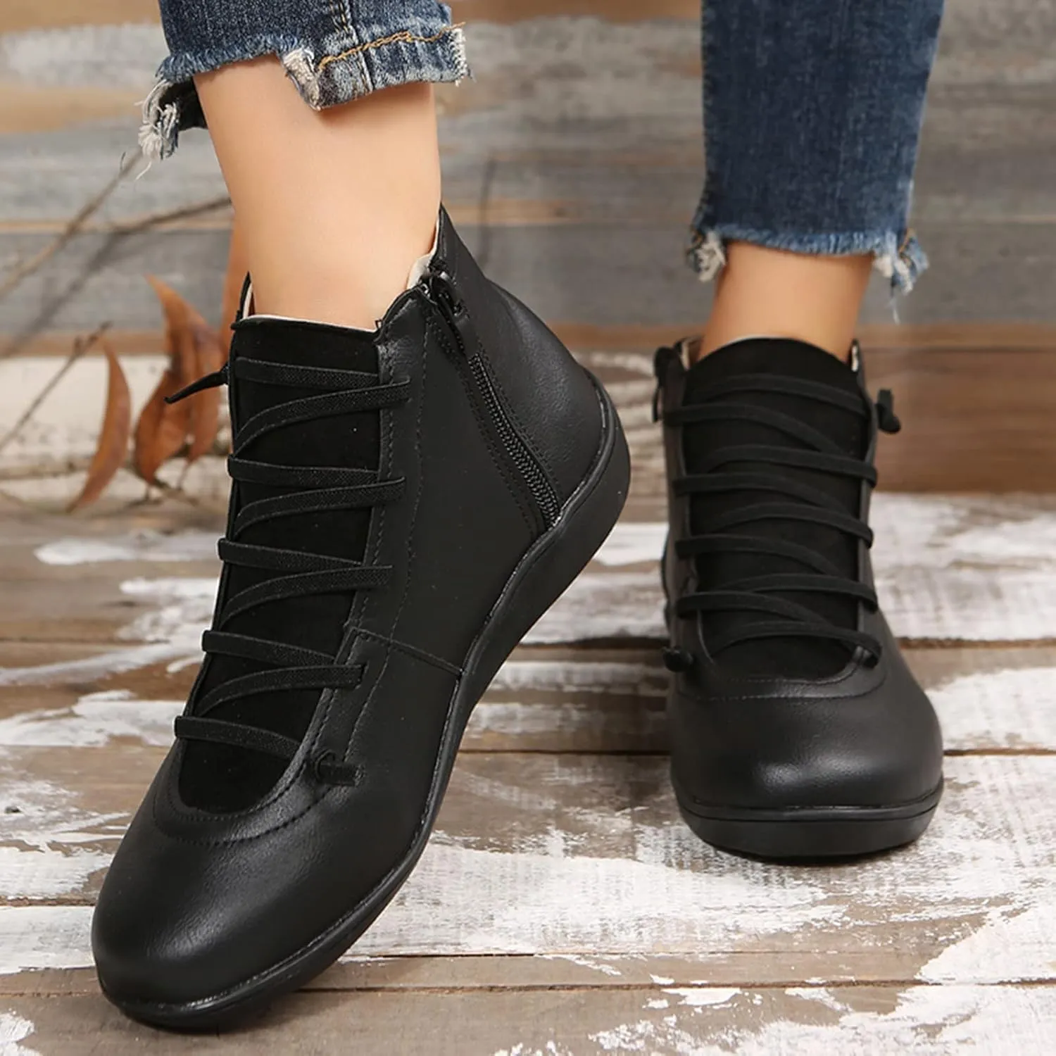 Ankle Boots for Women Fashion Lace Up Zipper Booties Arch Support Low Heel Short Boots Flat Heel Walking Booties