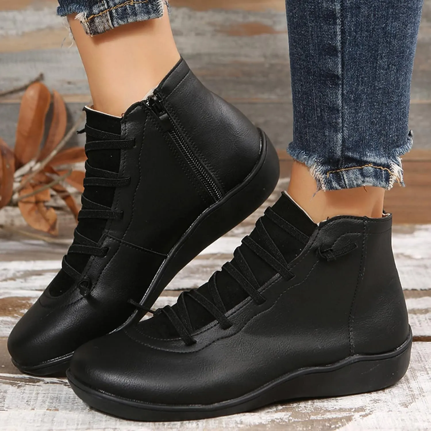 Ankle Boots for Women Fashion Lace Up Zipper Booties Arch Support Low Heel Short Boots Flat Heel Walking Booties