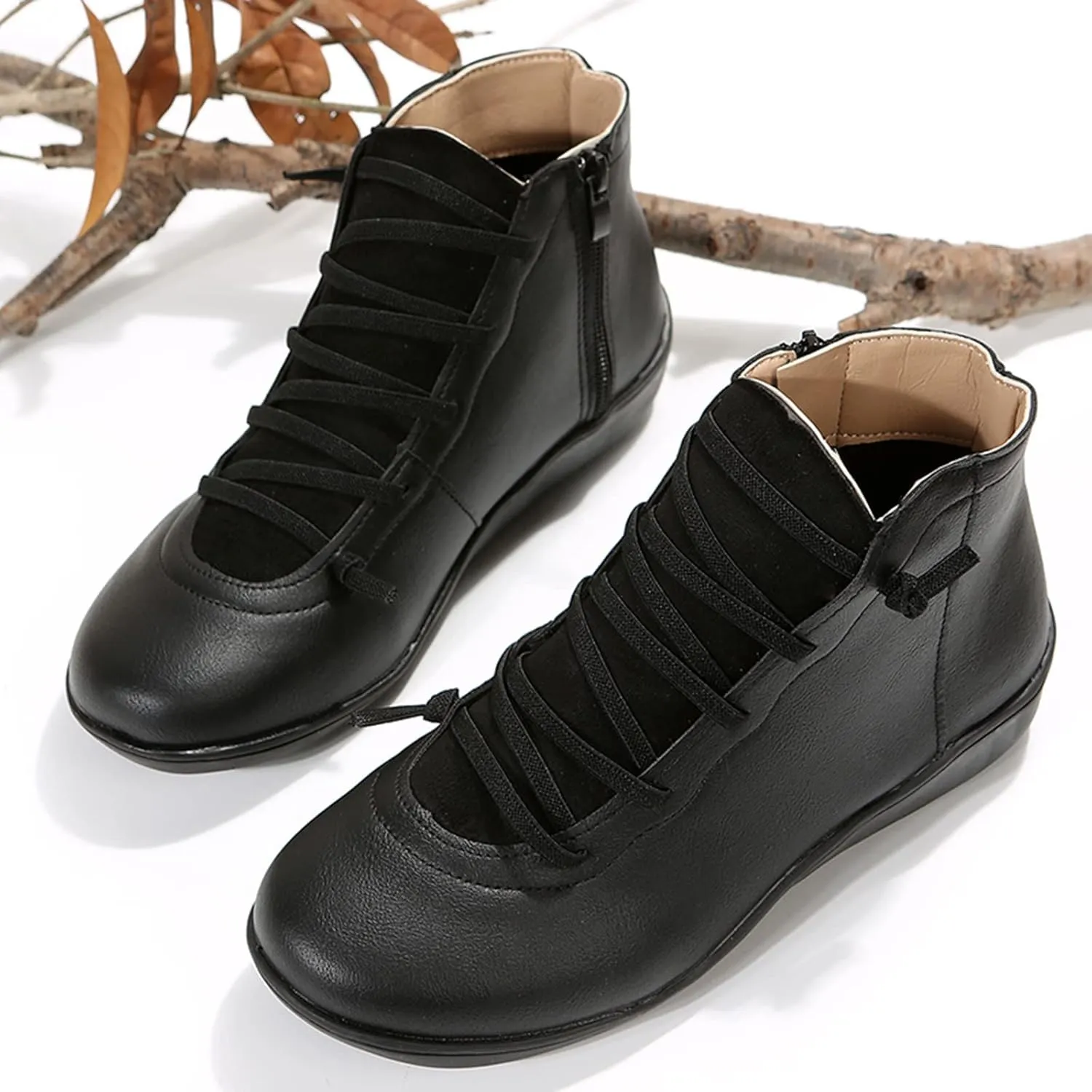 Ankle Boots for Women Fashion Lace Up Zipper Booties Arch Support Low Heel Short Boots Flat Heel Walking Booties