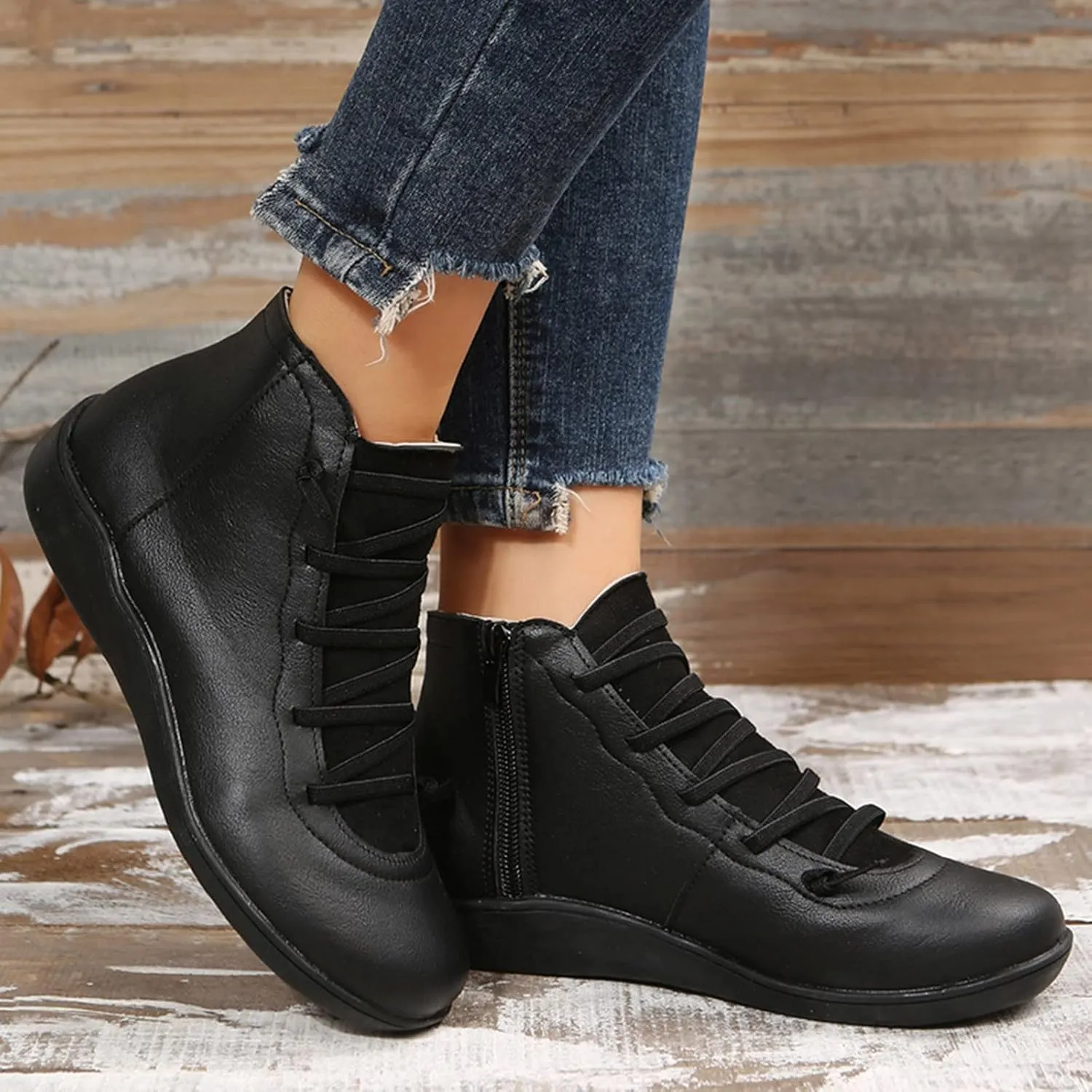Ankle Boots for Women Fashion Lace Up Zipper Booties Arch Support Low Heel Short Boots Flat Heel Walking Booties