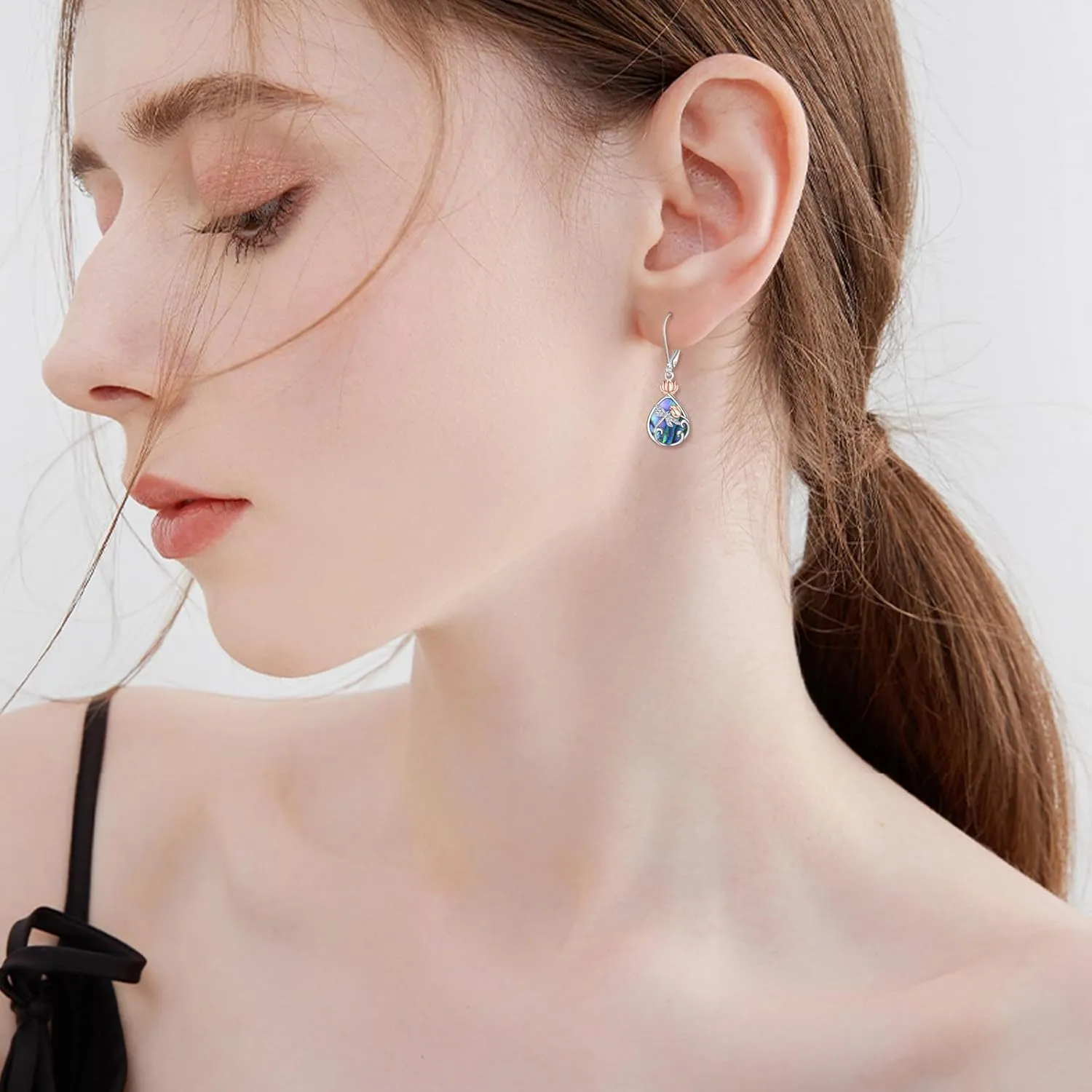 AOBOCO Butterfly/Dragonfly/Bee Leverback Earrings 925 Sterling Silver Rose Lotus Tulip Flower Filigree Dangle Earrings Teardrop Moonstone Larimar Turquoise Abalone Shell Jewelry Birthday Gifts for Women