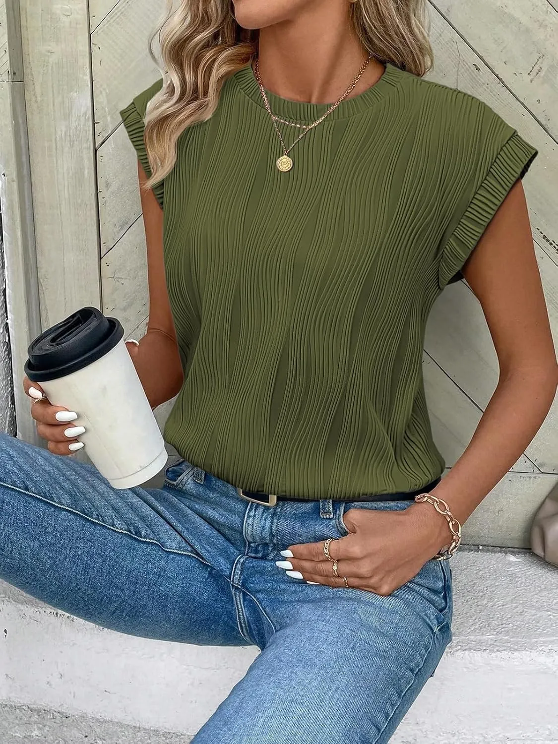ATHMILE Womens Short Sleeve Summer Tops Crewneck Textured Shirts Basic T Shirt Casual Work Blouses
