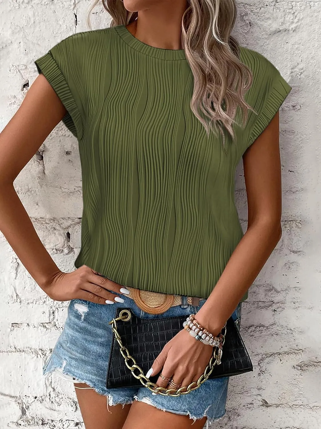 ATHMILE Womens Short Sleeve Summer Tops Crewneck Textured Shirts Basic T Shirt Casual Work Blouses