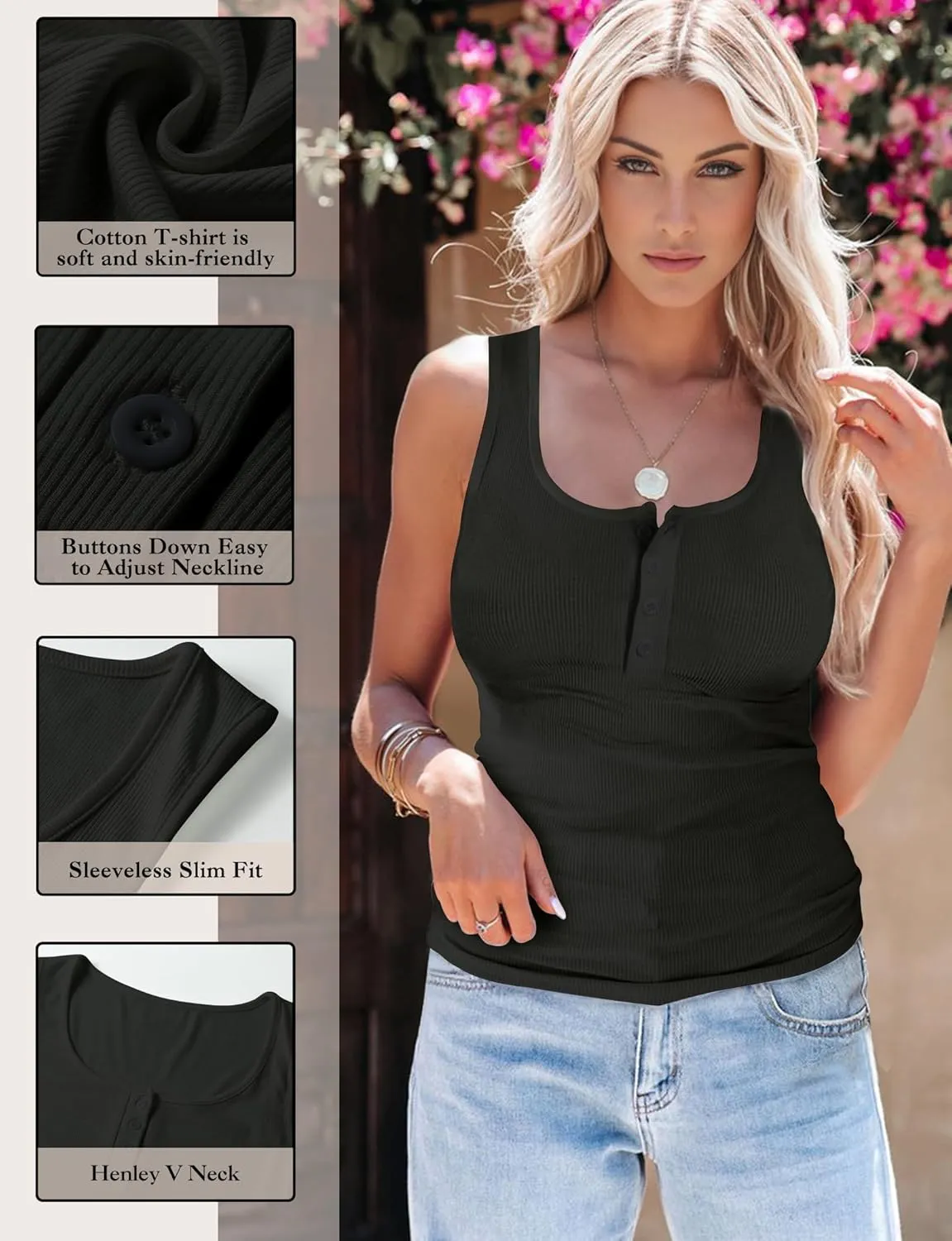 AURUZA Tank Top for Women, Sleeveless Henley Tank Tops for Women, Ribbed Basic Tank Tops, Solid Cami Casual Summer Tops Shirt