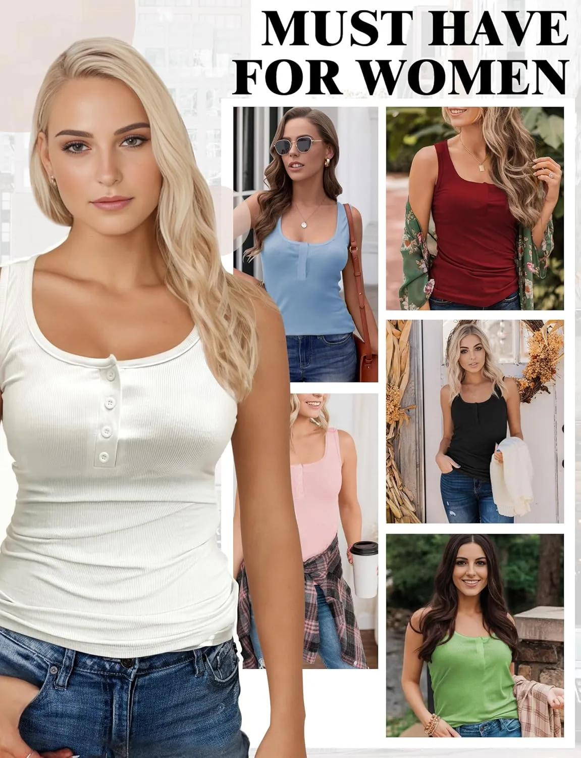 AURUZA Tank Top for Women, Sleeveless Henley Tank Tops for Women, Ribbed Basic Tank Tops, Solid Cami Casual Summer Tops Shirt