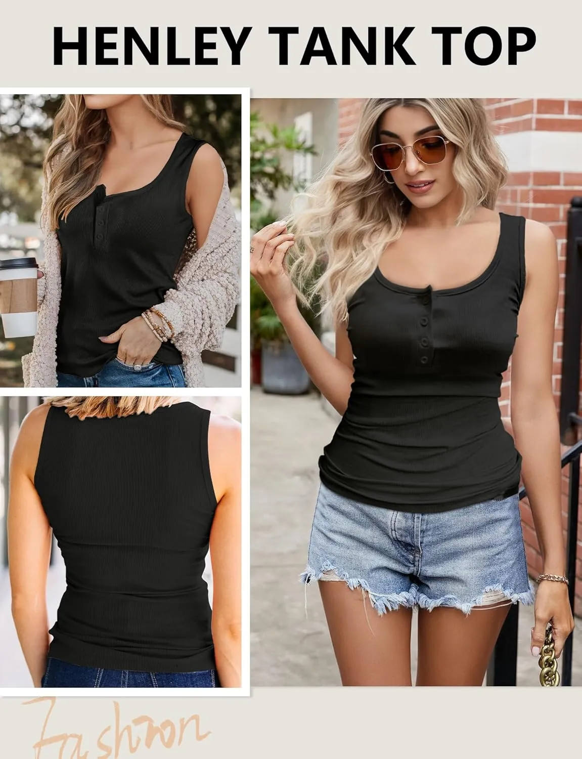 AURUZA Tank Top for Women, Sleeveless Henley Tank Tops for Women, Ribbed Basic Tank Tops, Solid Cami Casual Summer Tops Shirt