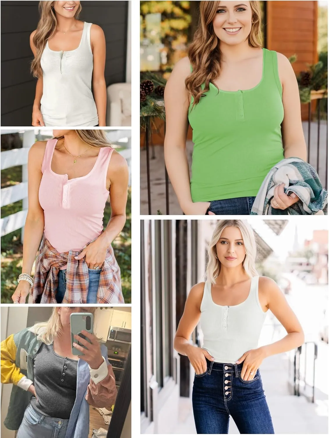 AURUZA Tank Top for Women, Sleeveless Henley Tank Tops for Women, Ribbed Basic Tank Tops, Solid Cami Casual Summer Tops Shirt