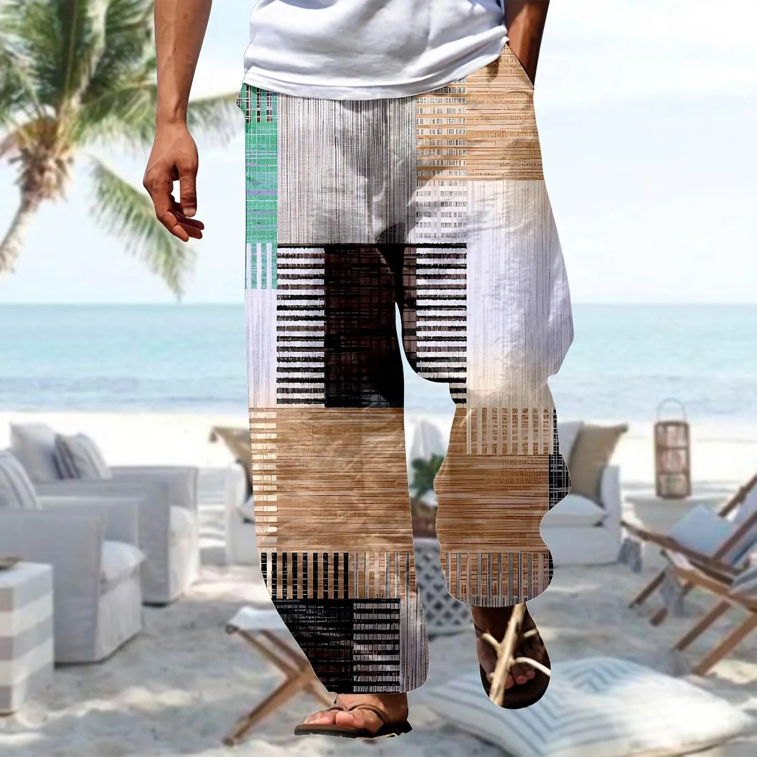 Baggy Harem Hippie Pants for Men Summer Linen Wide Leg Yoga Beach Pants Elastic Waist Casual Loose Hawaiian Trousers