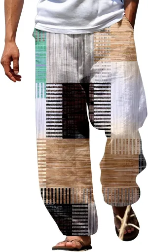 Baggy Harem Hippie Pants for Men Summer Linen Wide Leg Yoga Beach Pants Elastic Waist Casual Loose Hawaiian Trousers